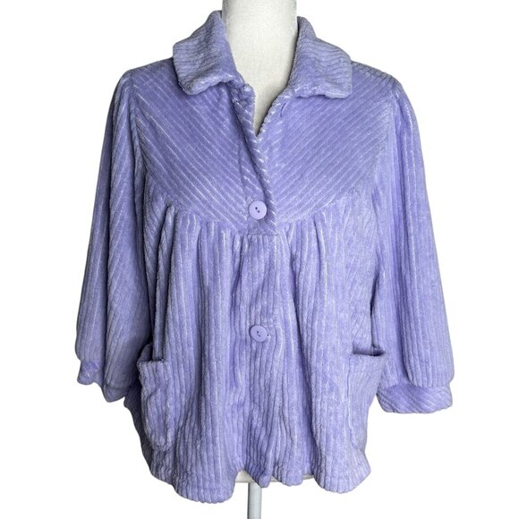 Vintage 90s Textured Fleece Button Up Jacket Medium Purple Pockets Sweater - Picture 1 of 6